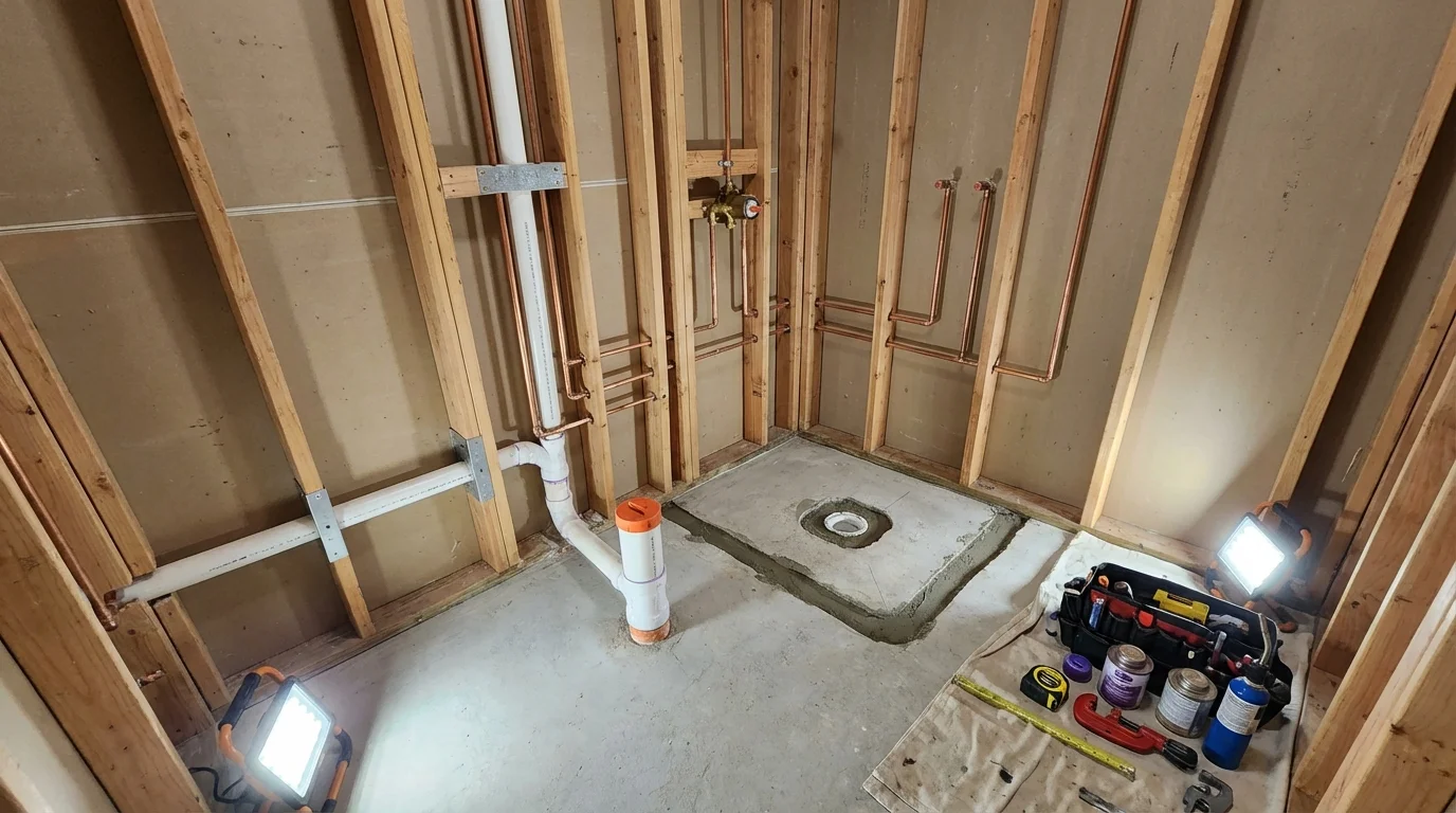 Bathroom rough-in plumbing during remodel by Johns Plumbing LLC in Belvidere