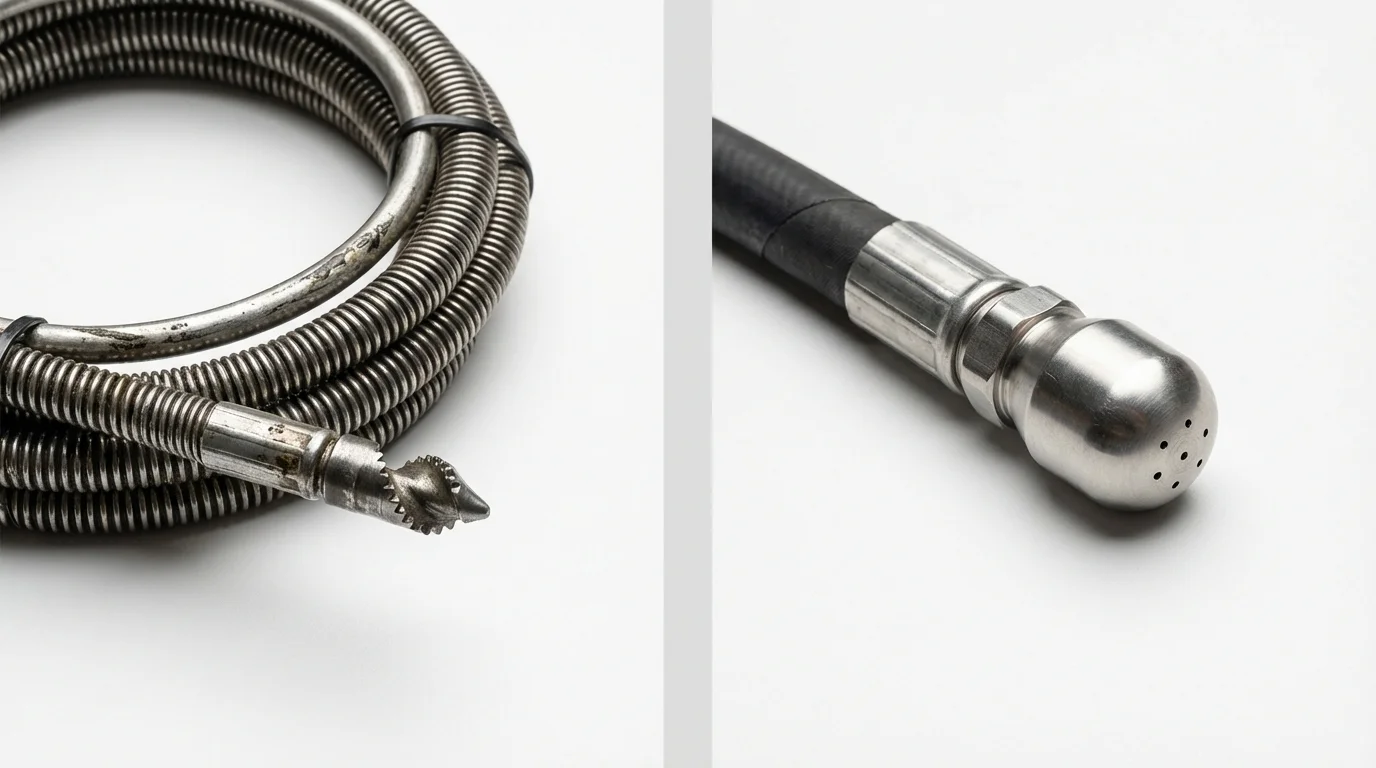 Drain snake cable and hydro jetting nozzle used for drain cleaning in Belvidere, IL