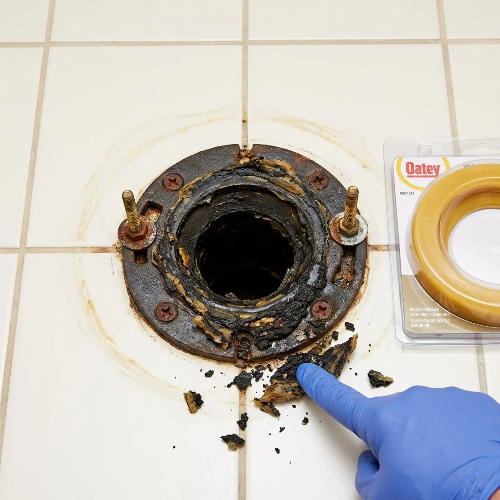 Failed wax ring showing water seepage at the base of a toilet in a Belvidere, IL home