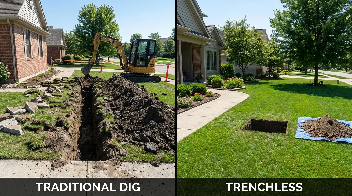 Trenchless sewer repair with minimal yard damage versus traditional excavation in Belvidere, IL