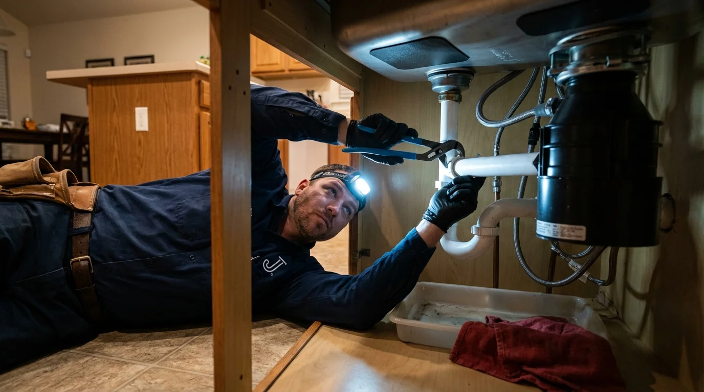 P-trap and supply line connections under a kitchen sink showing a common leak point in Belvidere, IL